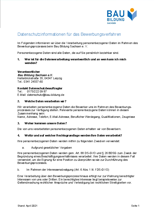 Datenschutzinformationen für das Bewerbungsverfahren
