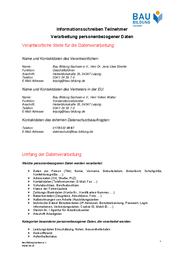 Informationsschreiben für Teilnehmer