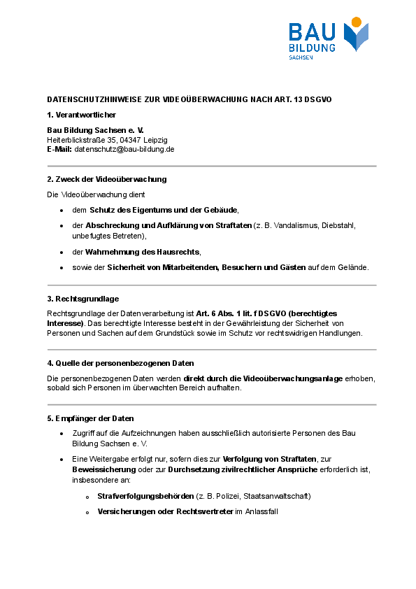 Datenschutzhinweise zur Videoüberwachung nach Art. 13 DSGVO